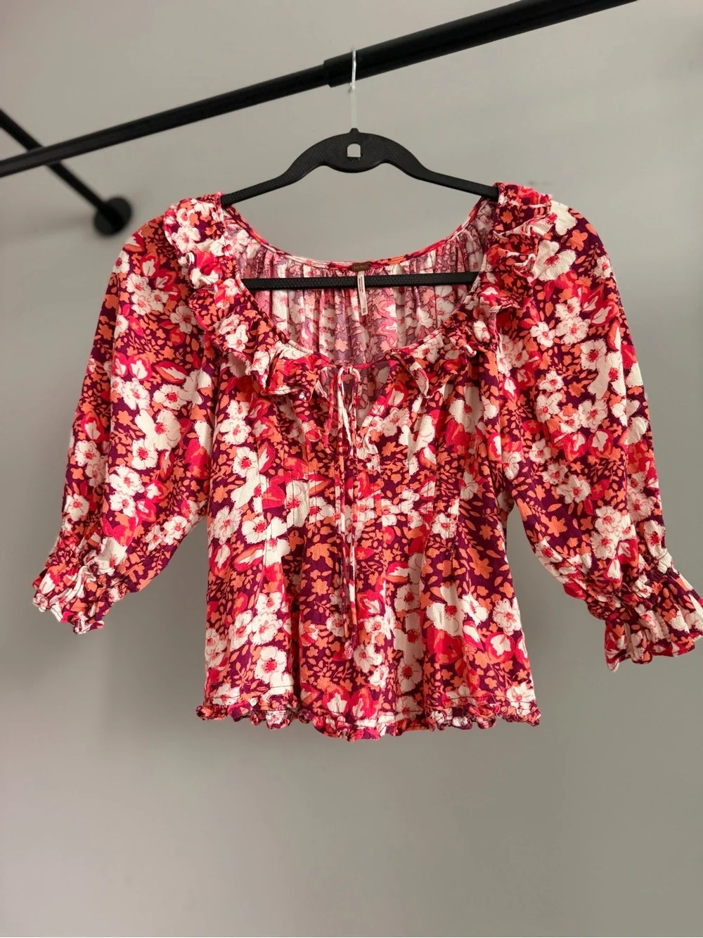 Free People Sweet Memories Pink Multi Floral Print Ruffled Puff Sleeve Top XS